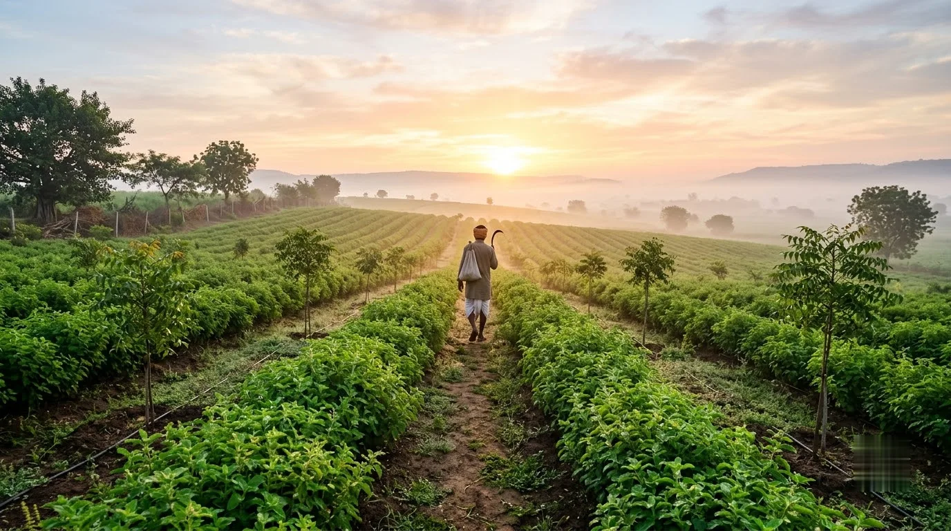 Medicinal herb farm at sunrise