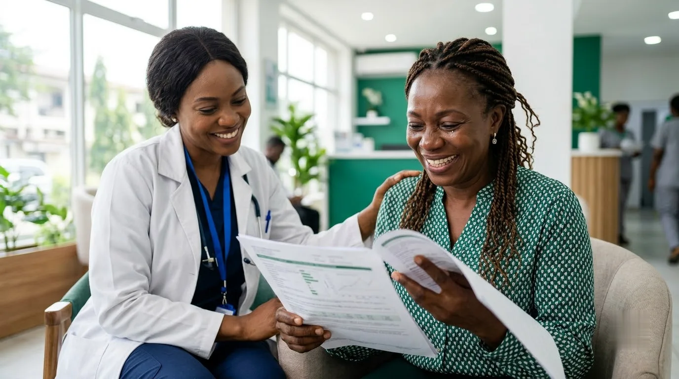 Patient reviewing improved lab report with her doctor